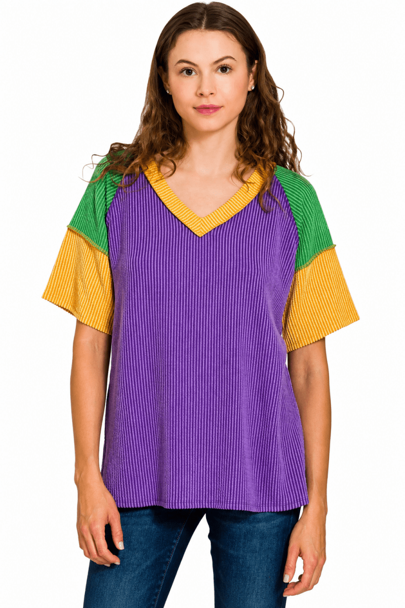 Zenana Mardi Gras Color Block Ribbed Top - AMVIM