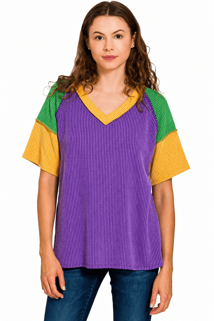Zenana Mardi Gras Color Block Ribbed Top - AMVIM