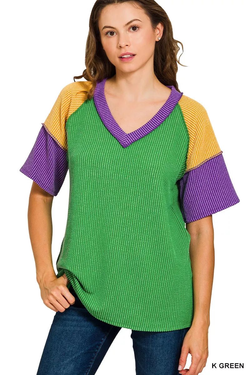 Zenana Mardi Gras Color Block Ribbed Top - AMVIM