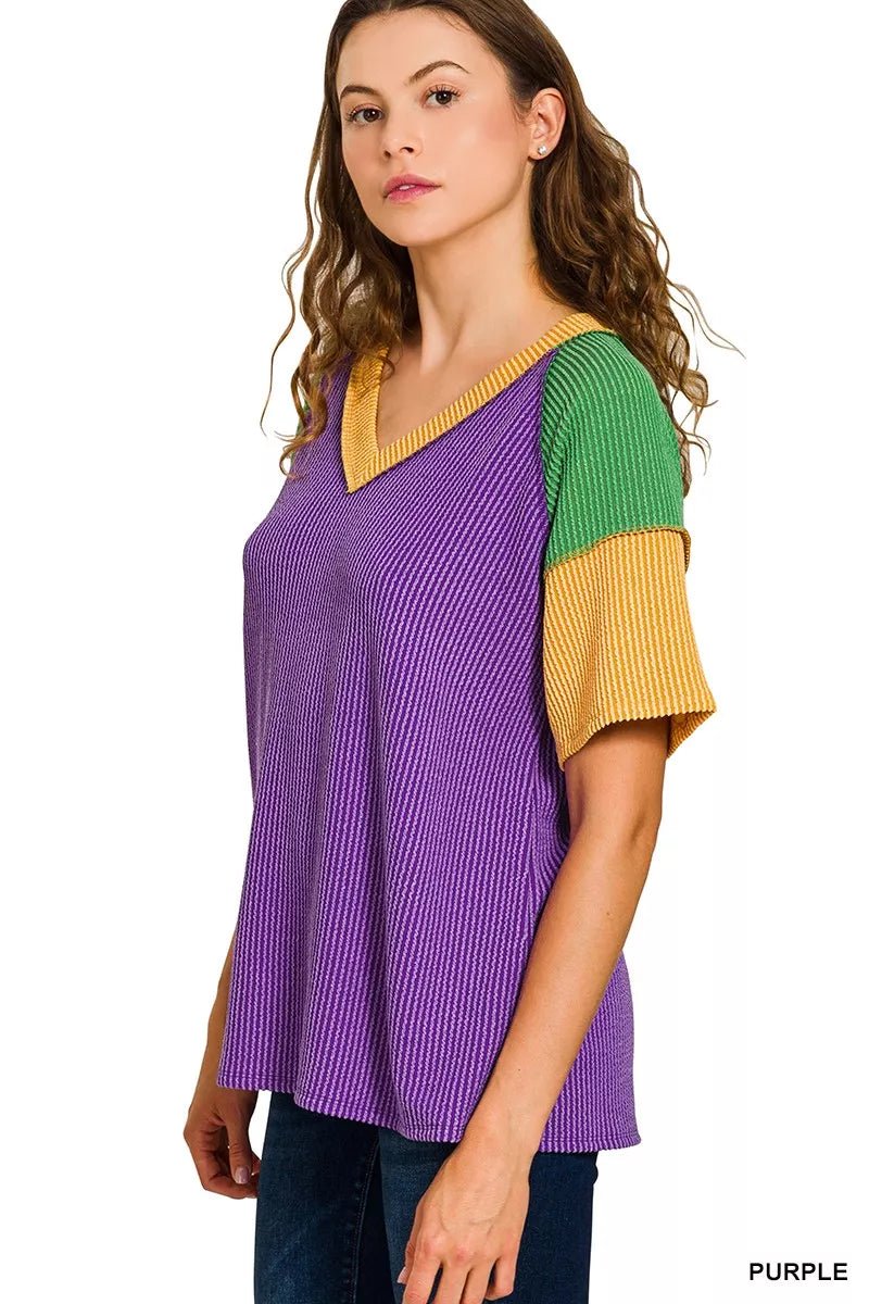 Zenana Mardi Gras Color Block Ribbed Top - AMVIM
