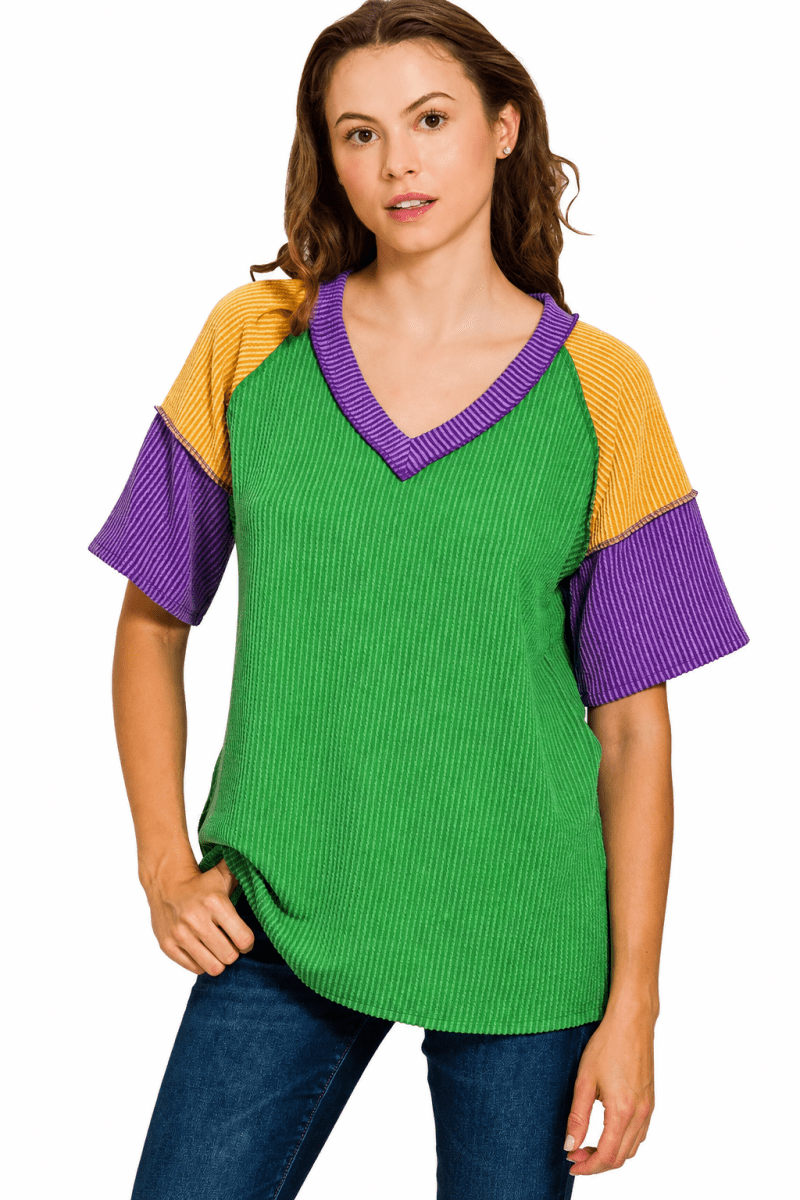 Zenana Mardi Gras Color Block Ribbed Top - AMVIM