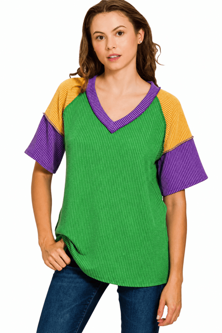 Zenana Mardi Gras Color Block Ribbed Top - AMVIM