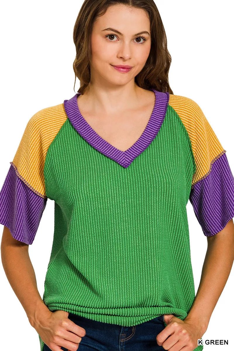 Zenana Mardi Gras Color Block Ribbed Top - AMVIM