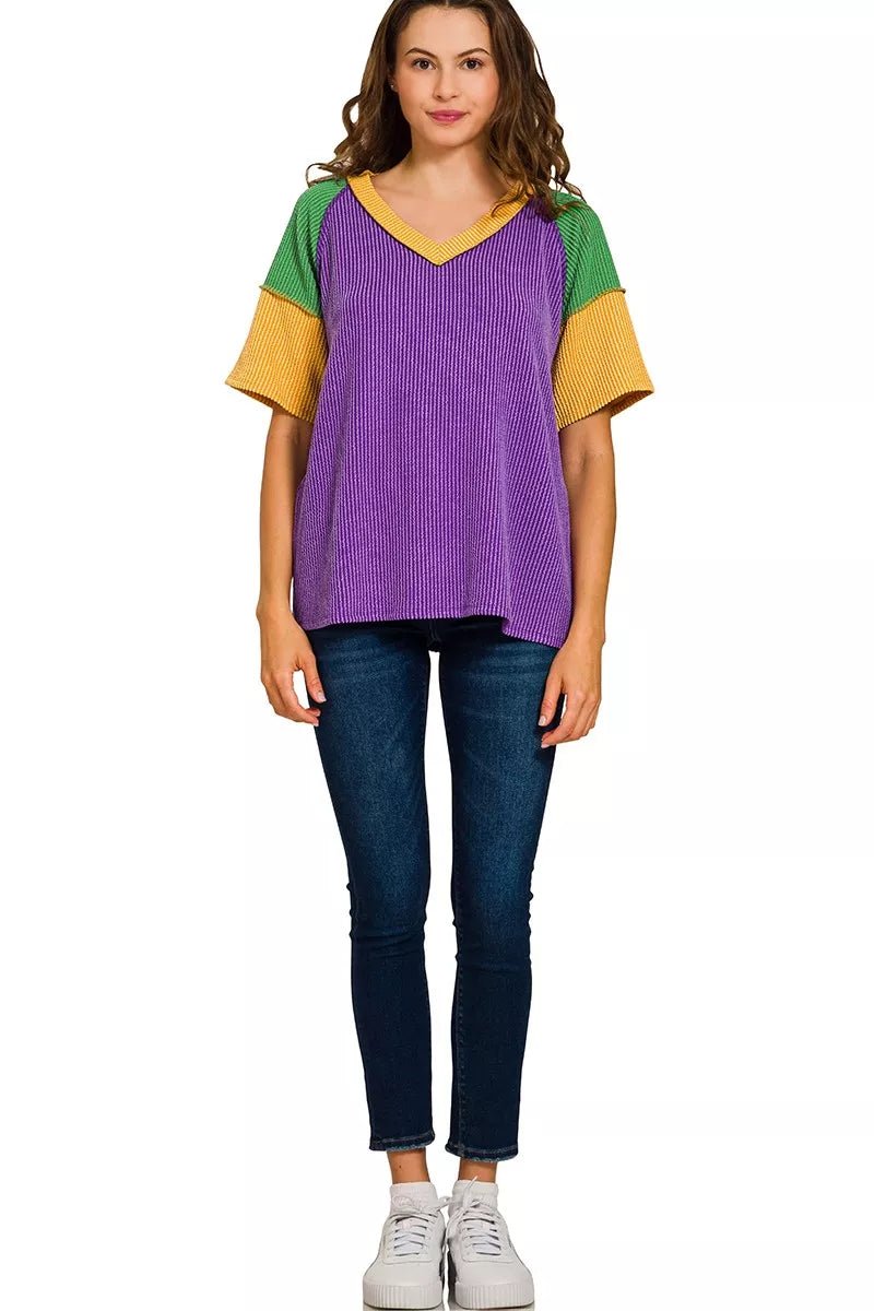 Zenana Mardi Gras Color Block Ribbed Top - AMVIM