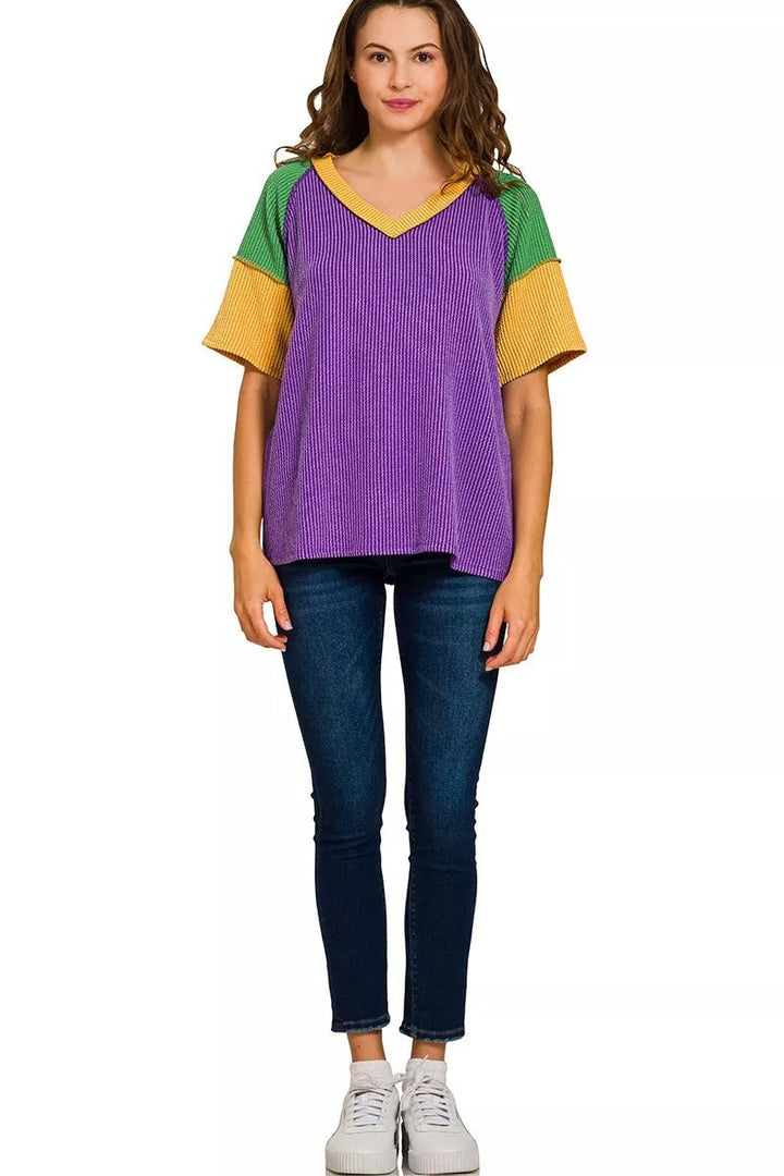 Zenana Mardi Gras Color Block Ribbed Top - AMVIM