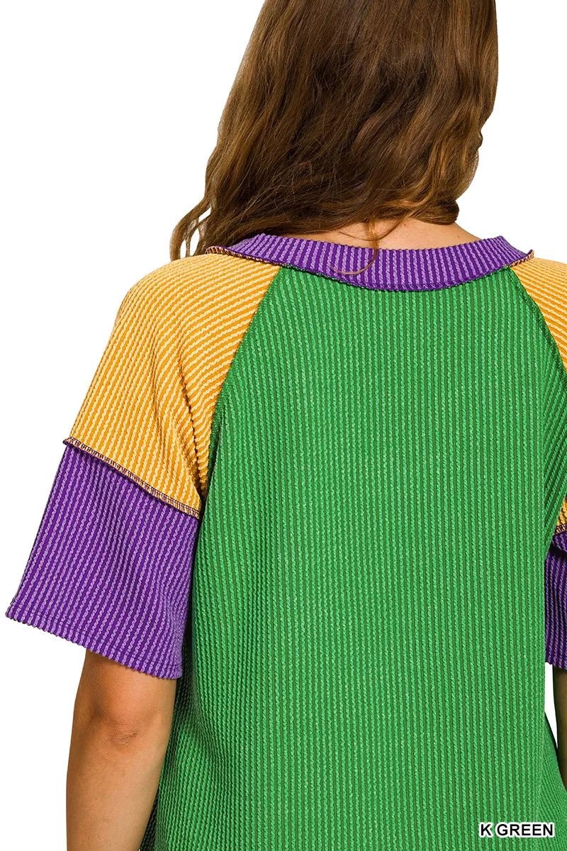 Zenana Mardi Gras Color Block Ribbed Top - AMVIM