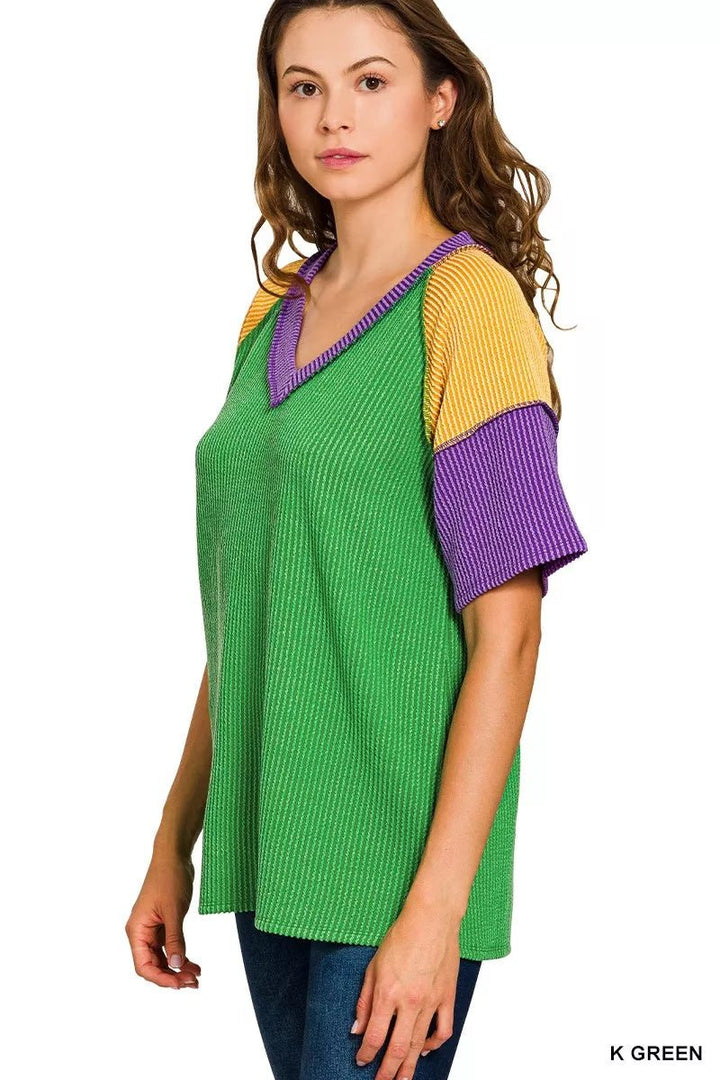 Zenana Mardi Gras Color Block Ribbed Top - AMVIM