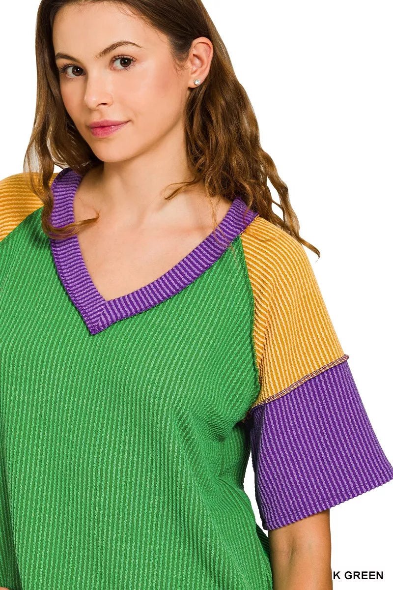 Zenana Mardi Gras Color Block Ribbed Top - AMVIM