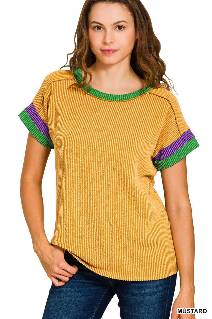 Zenana Mardi Gras Ribbed Contrast Trim Top - AMVIM
