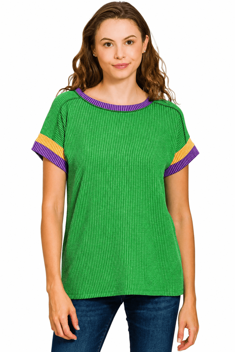 Zenana Mardi Gras Ribbed Contrast Trim Top - AMVIM