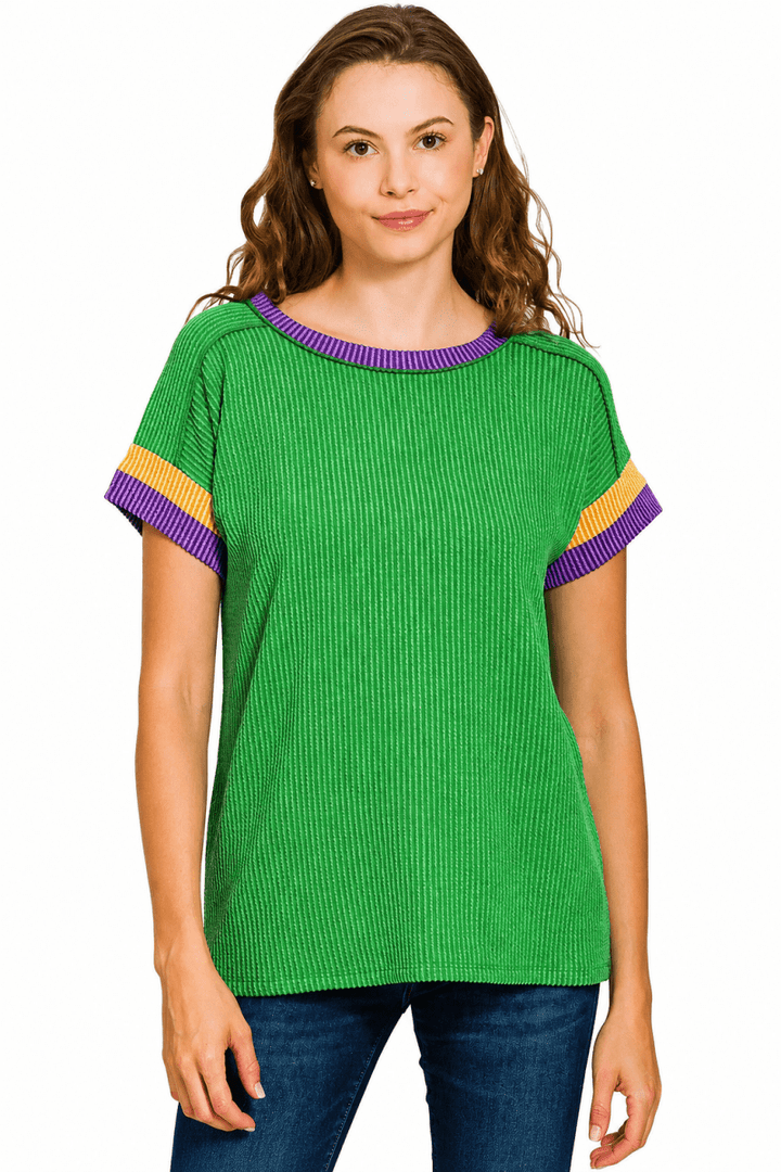 Zenana Mardi Gras Ribbed Contrast Trim Top - AMVIM