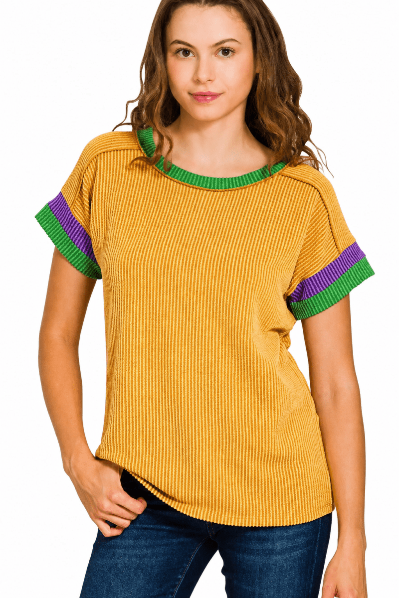Zenana Mardi Gras Ribbed Contrast Trim Top - AMVIM