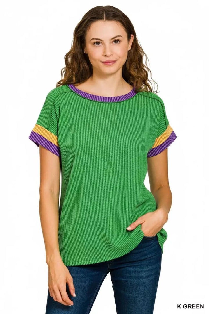 Zenana Mardi Gras Ribbed Contrast Trim Top - AMVIM