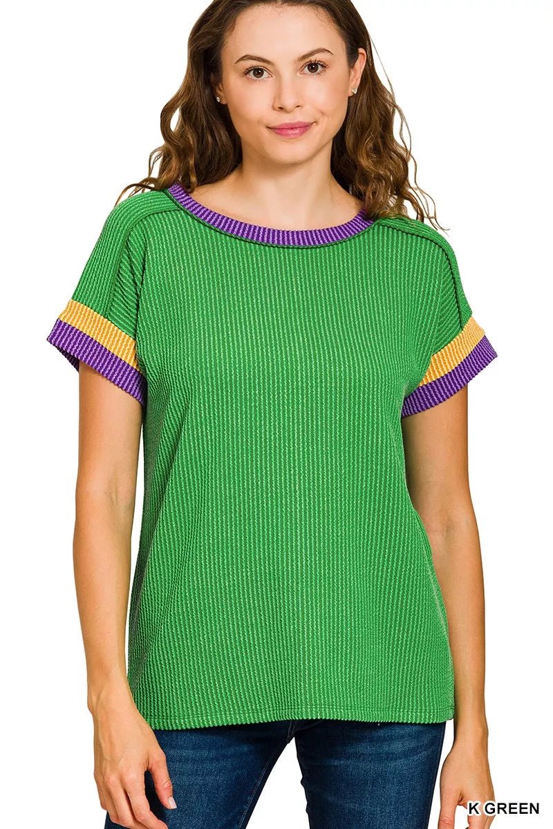 Zenana Mardi Gras Ribbed Contrast Trim Top - AMVIM