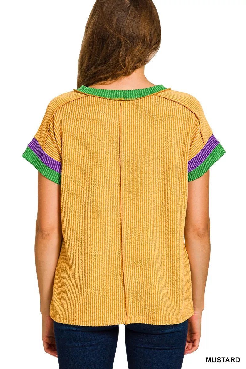 Zenana Mardi Gras Ribbed Contrast Trim Top - AMVIM