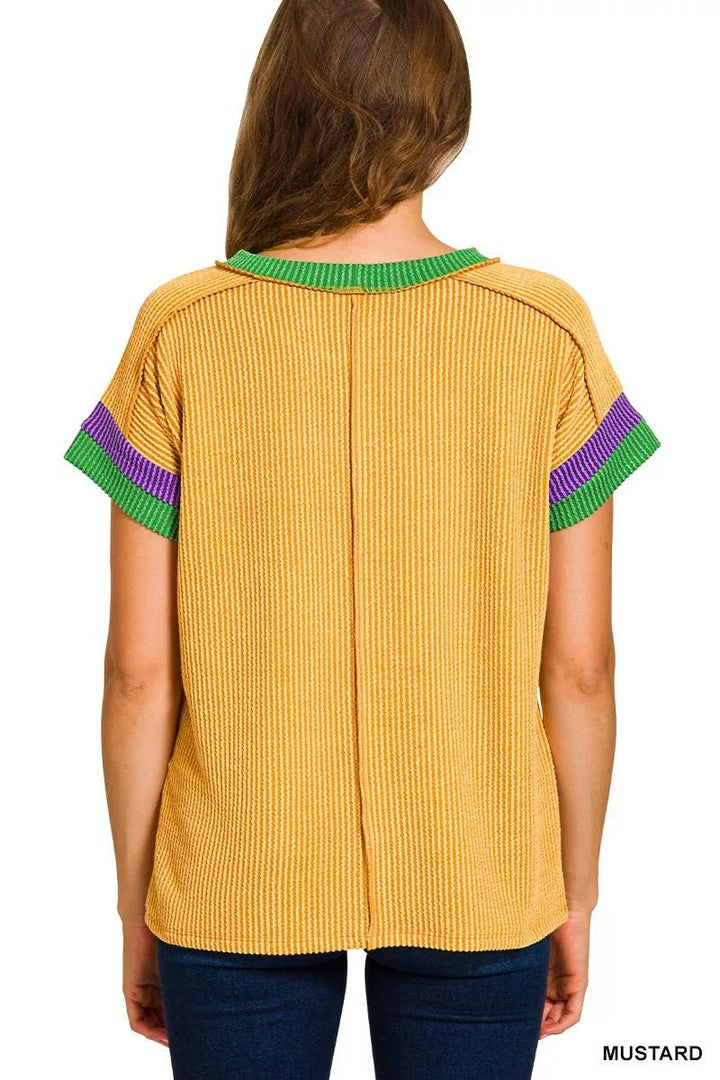 Zenana Mardi Gras Ribbed Contrast Trim Top - AMVIM