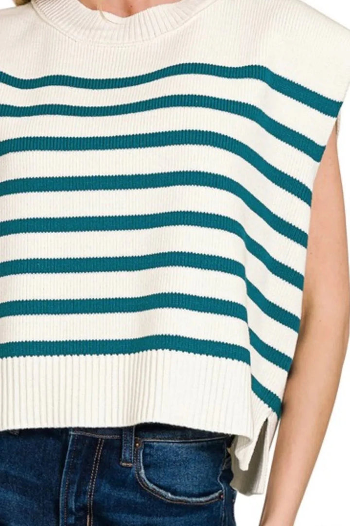 Zenana Oversized Striped Crew Neck Sweater Vest - AMVIM