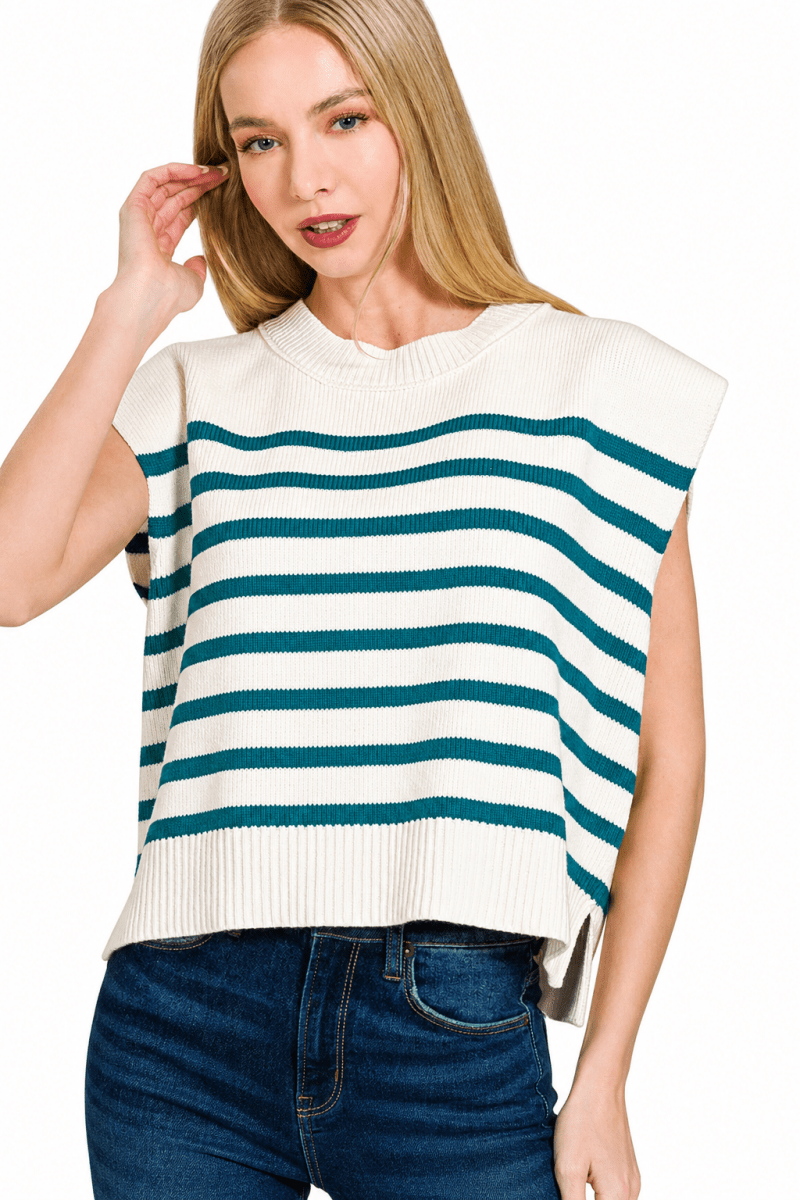 Zenana Oversized Striped Crew Neck Sweater Vest - AMVIM