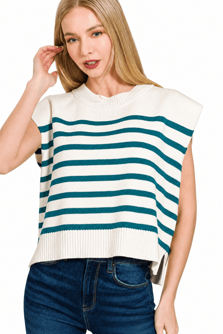 Zenana Oversized Striped Crew Neck Sweater Vest - AMVIM