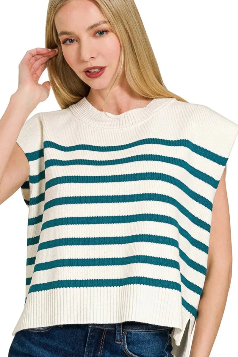 Zenana Oversized Striped Crew Neck Sweater Vest - AMVIM