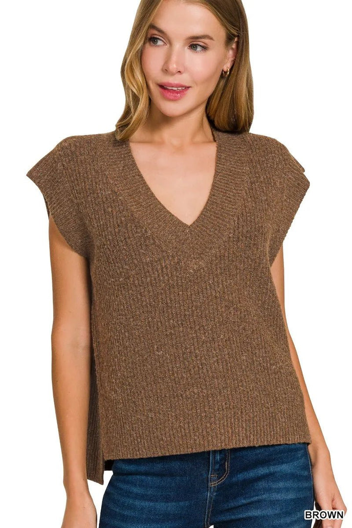 Zenana Oversized Sweater Vest with Side Slit - AMVIM