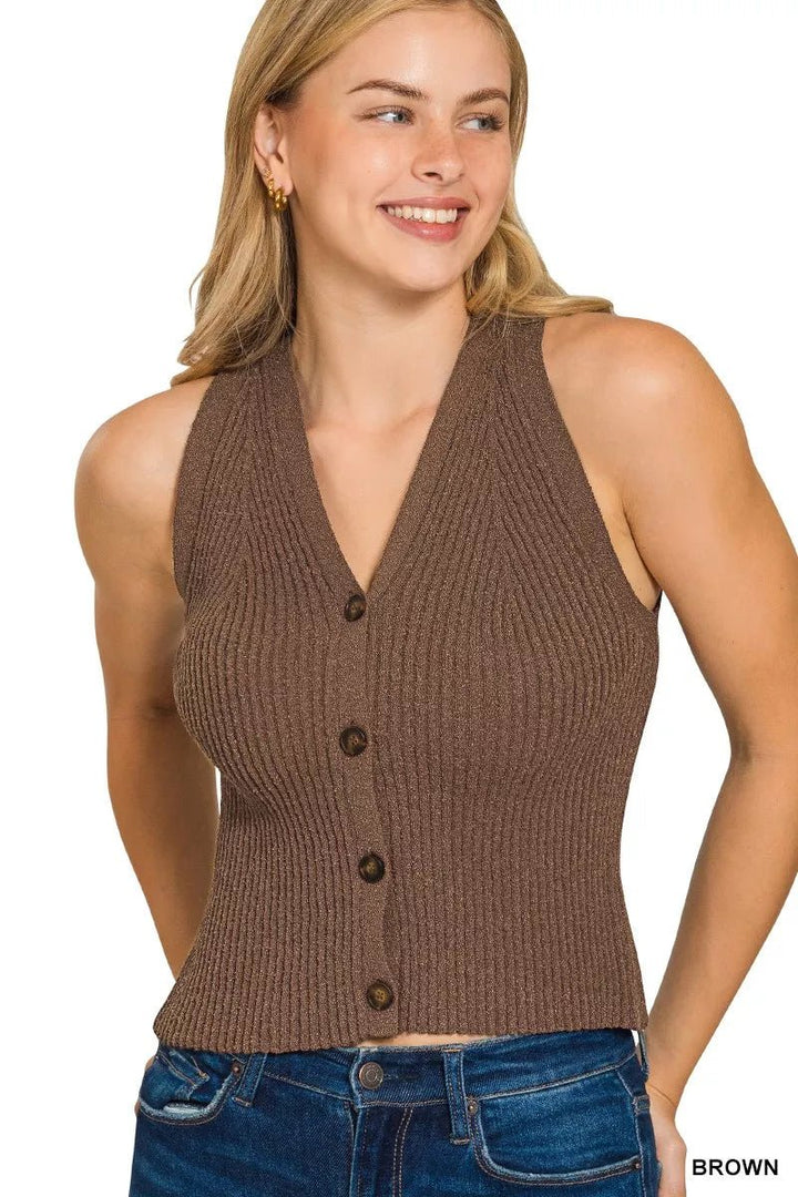 Zenana Ribbed Knit Button-Up Sweater Vest - AMVIM