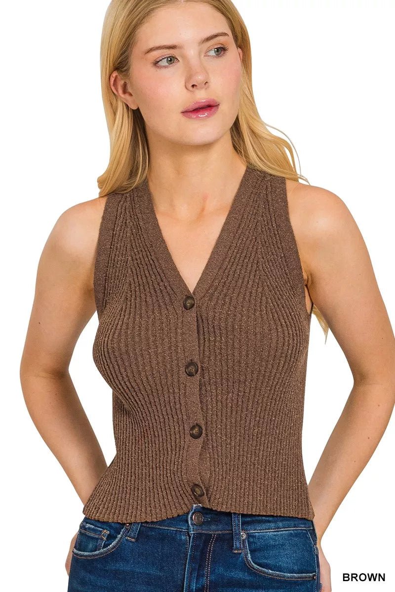 Zenana Ribbed Knit Button-Up Sweater Vest - AMVIM