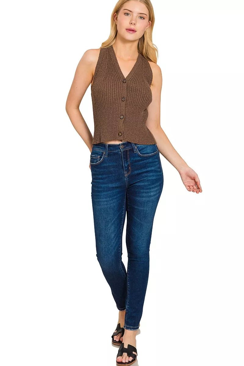 Zenana Ribbed Knit Button-Up Sweater Vest - AMVIM