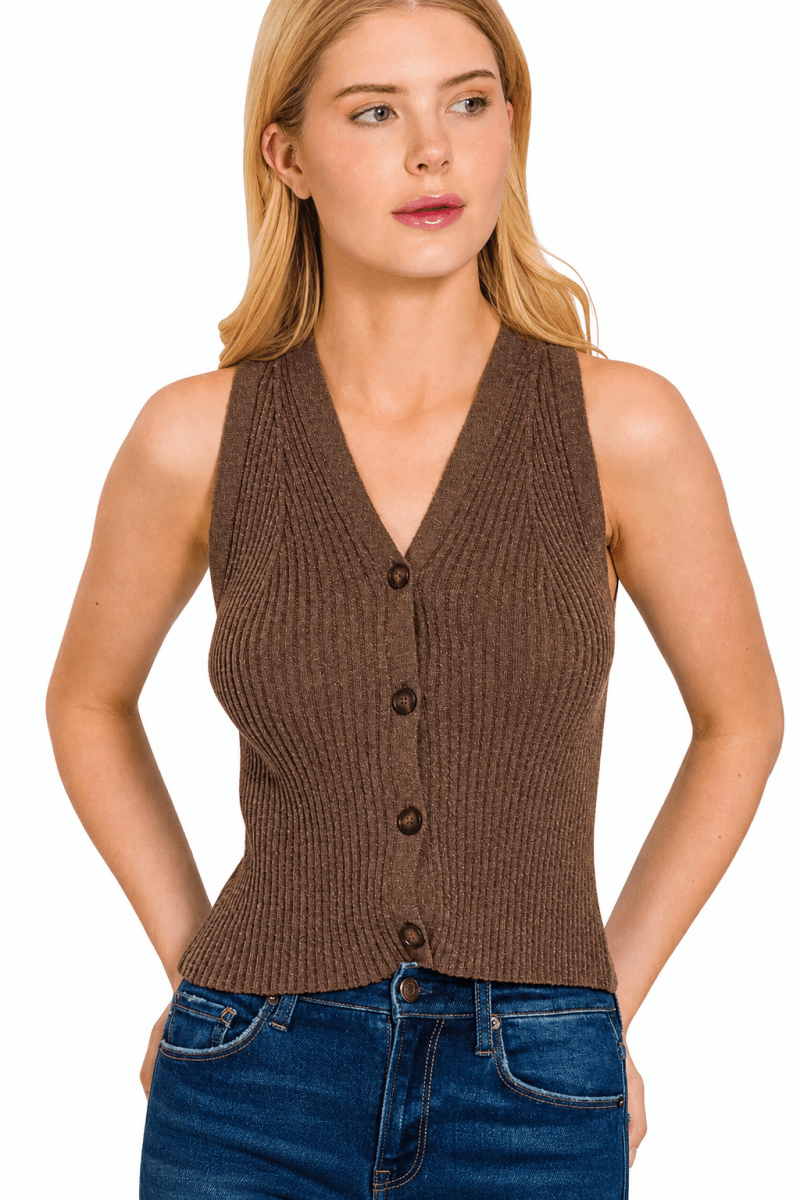 Zenana Ribbed Knit Button-Up Sweater Vest - AMVIM