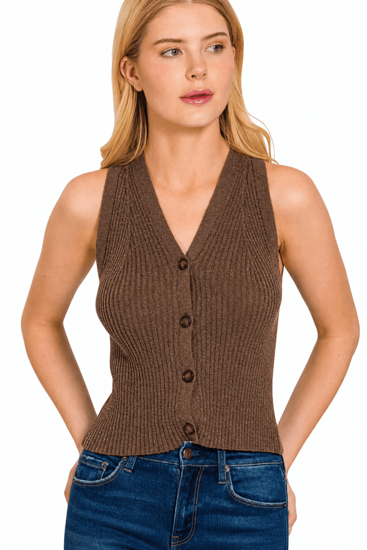 Zenana Ribbed Knit Button-Up Sweater Vest - AMVIM