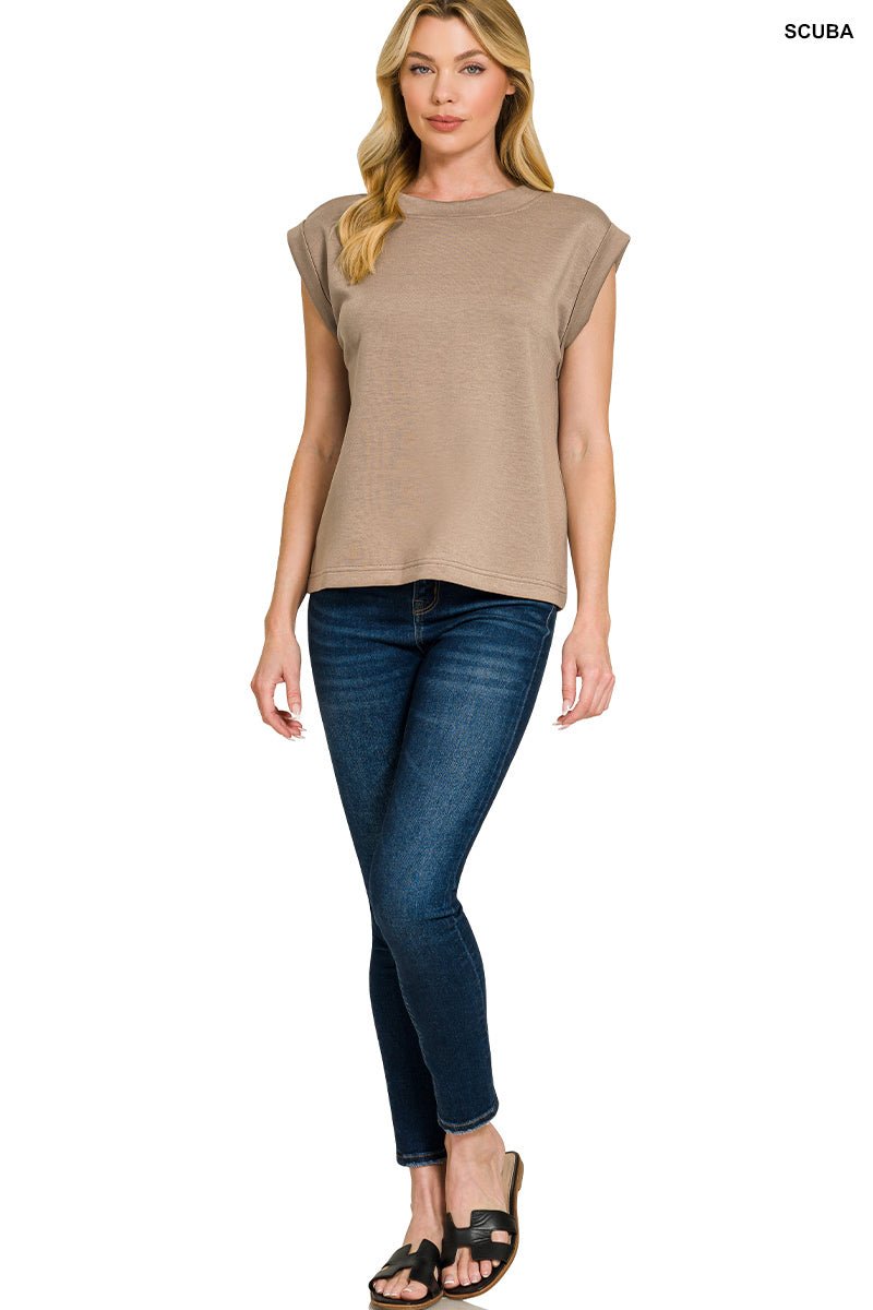 Zenana Scuba Round Neck Cap Sleeve Top - AMVIM
