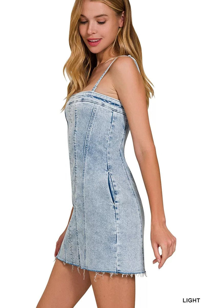 Zenana Spaghetti Strap Exposed Seam Light-Wash Dress - AMVIM