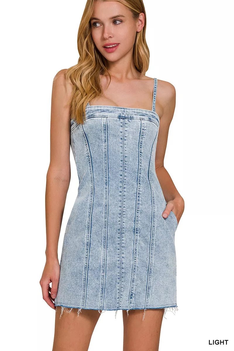 Zenana Spaghetti Strap Exposed Seam Light-Wash Dress - AMVIM