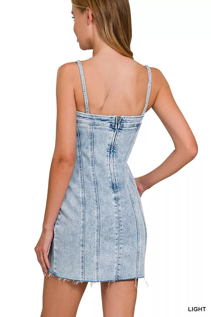 Zenana Spaghetti Strap Exposed Seam Light-Wash Dress - AMVIM