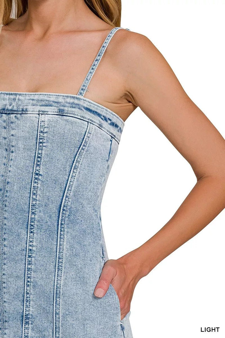 Zenana Spaghetti Strap Exposed Seam Light-Wash Dress - AMVIM