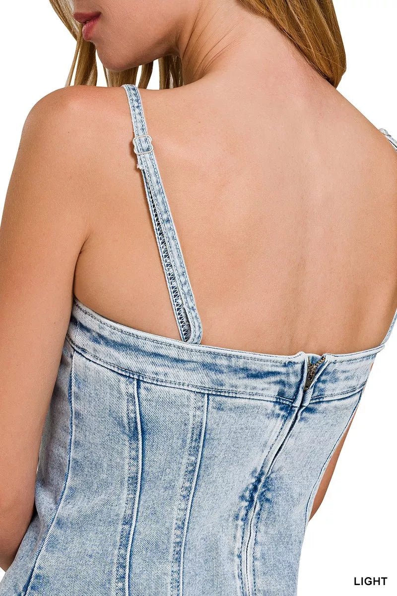 Zenana Spaghetti Strap Exposed Seam Light-Wash Dress - AMVIM