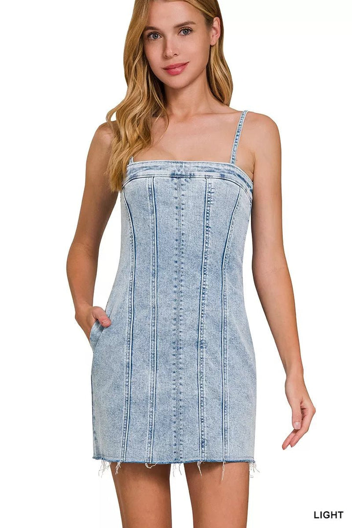 Zenana Spaghetti Strap Exposed Seam Light-Wash Dress - AMVIM