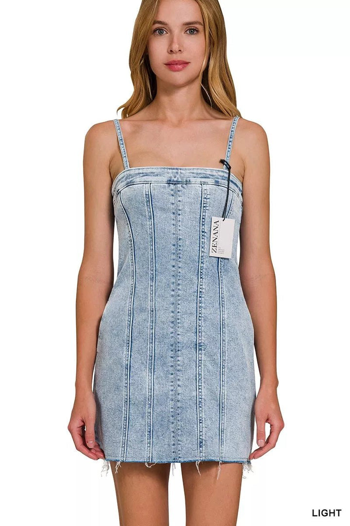 Zenana Spaghetti Strap Exposed Seam Light-Wash Dress - AMVIM