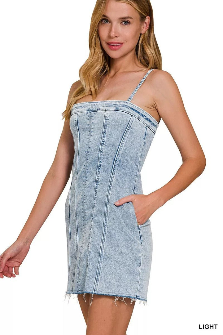 Zenana Spaghetti Strap Exposed Seam Light-Wash Dress - AMVIM
