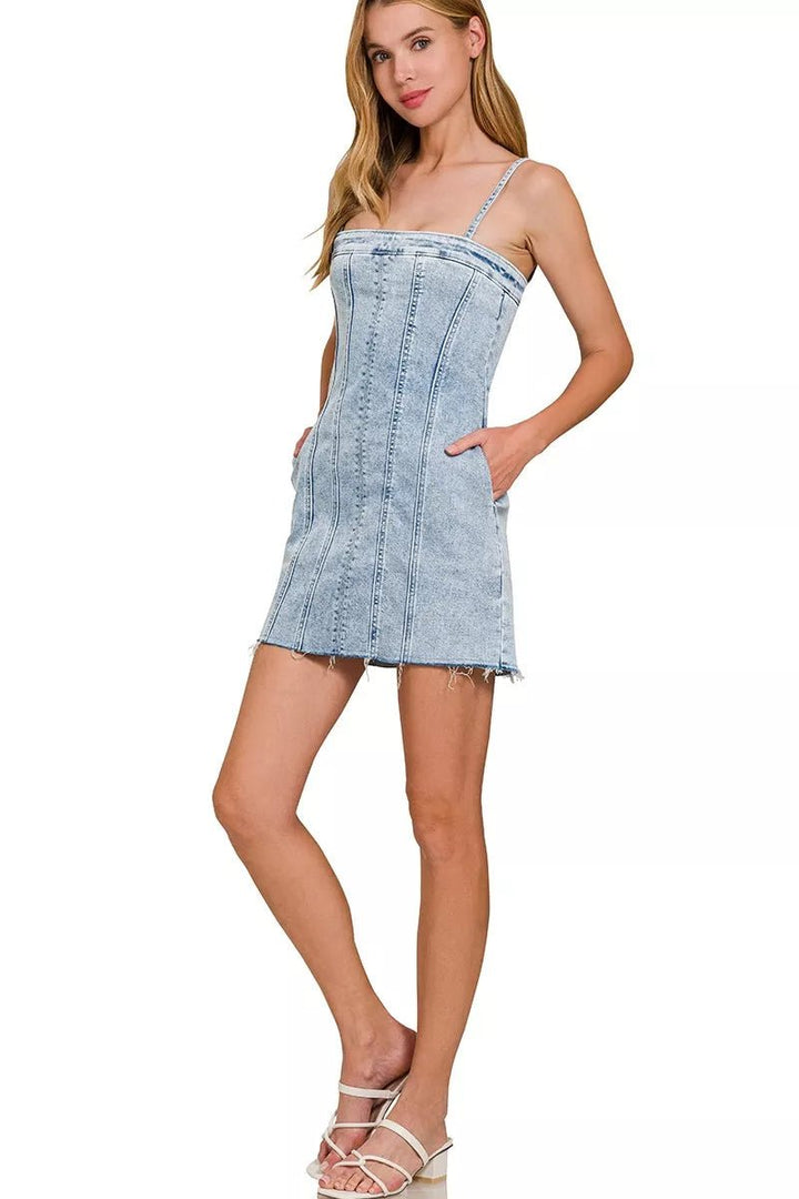 Zenana Spaghetti Strap Exposed Seam Light-Wash Dress - AMVIM