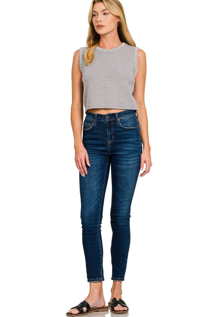 Zenana Stitch Detailed Cropped Sweater Vest - AMVIM