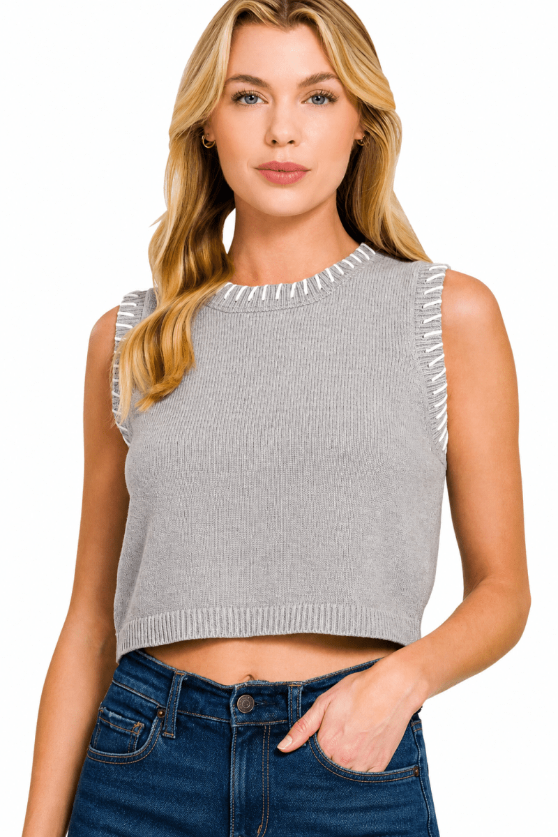 Zenana Stitch Detailed Cropped Sweater Vest - AMVIM