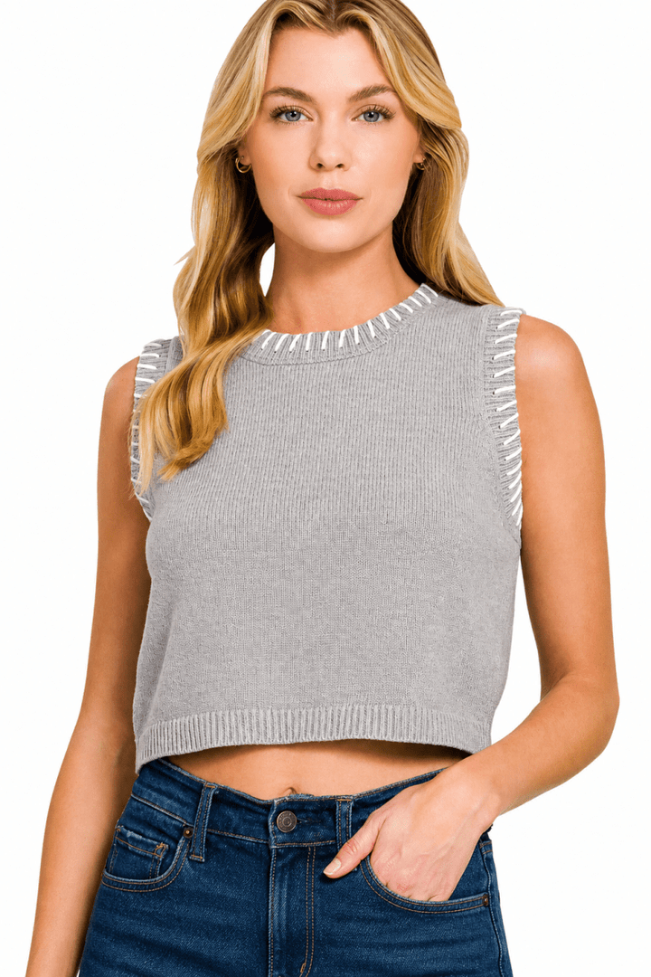 Zenana Stitch Detailed Cropped Sweater Vest - AMVIM