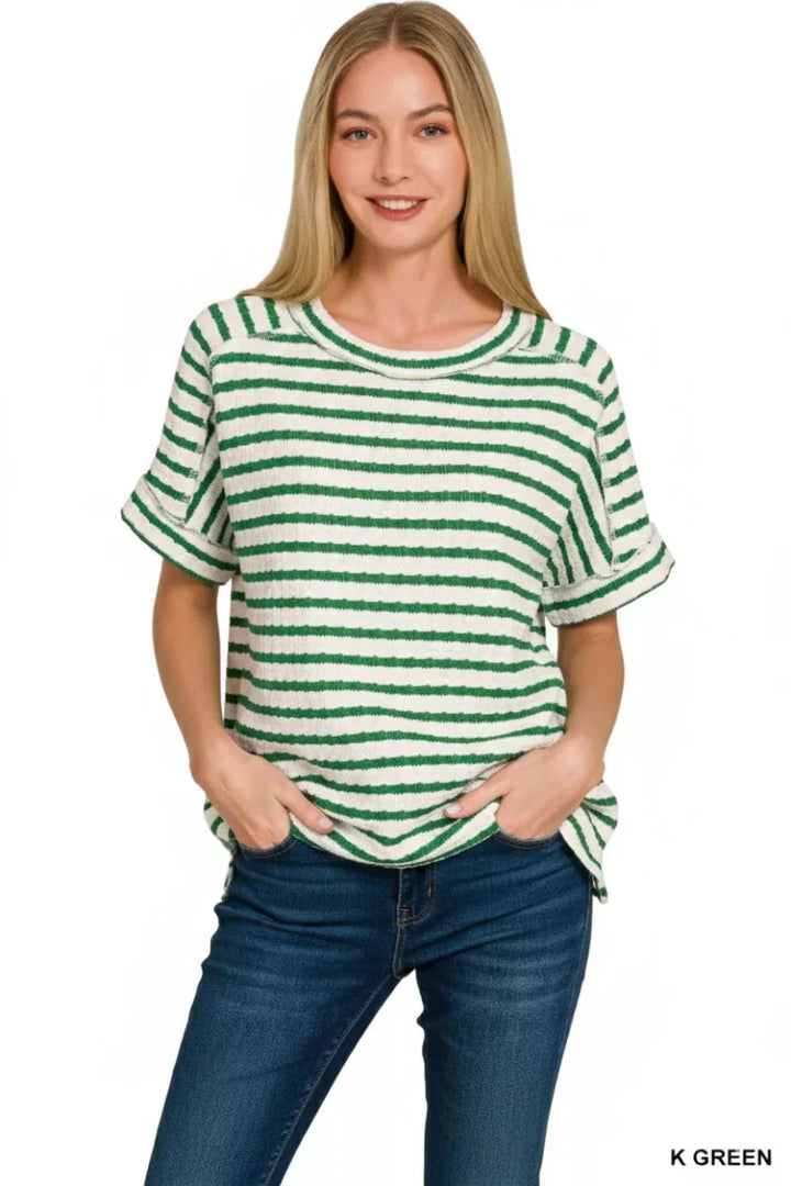 Zenana Stripe Jacquard Round Neck Tee - AMVIM