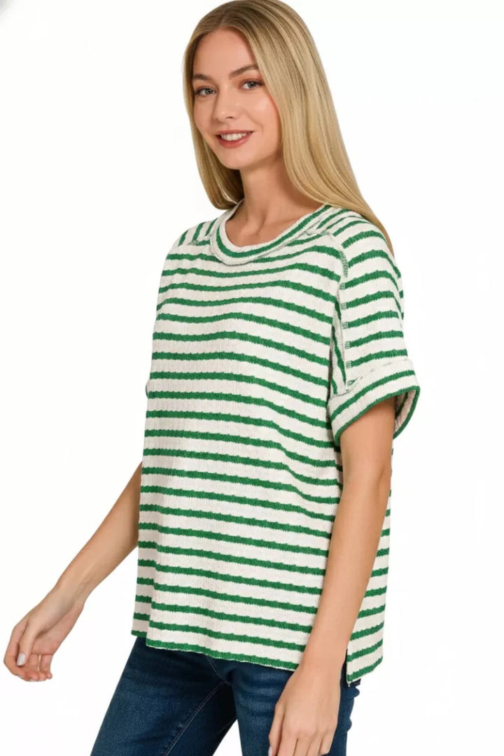 Zenana Stripe Jacquard Round Neck Tee - AMVIM
