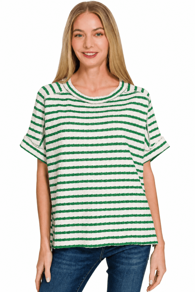 Zenana Stripe Jacquard Round Neck Tee - AMVIM