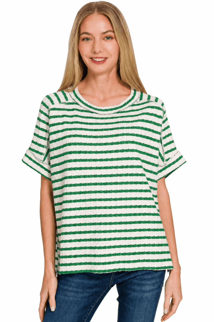 Zenana Stripe Jacquard Round Neck Tee - AMVIM