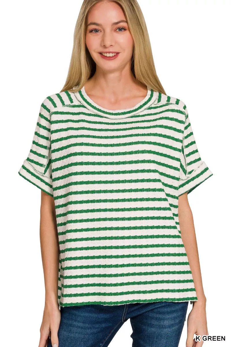 Zenana Stripe Jacquard Round Neck Tee - AMVIM