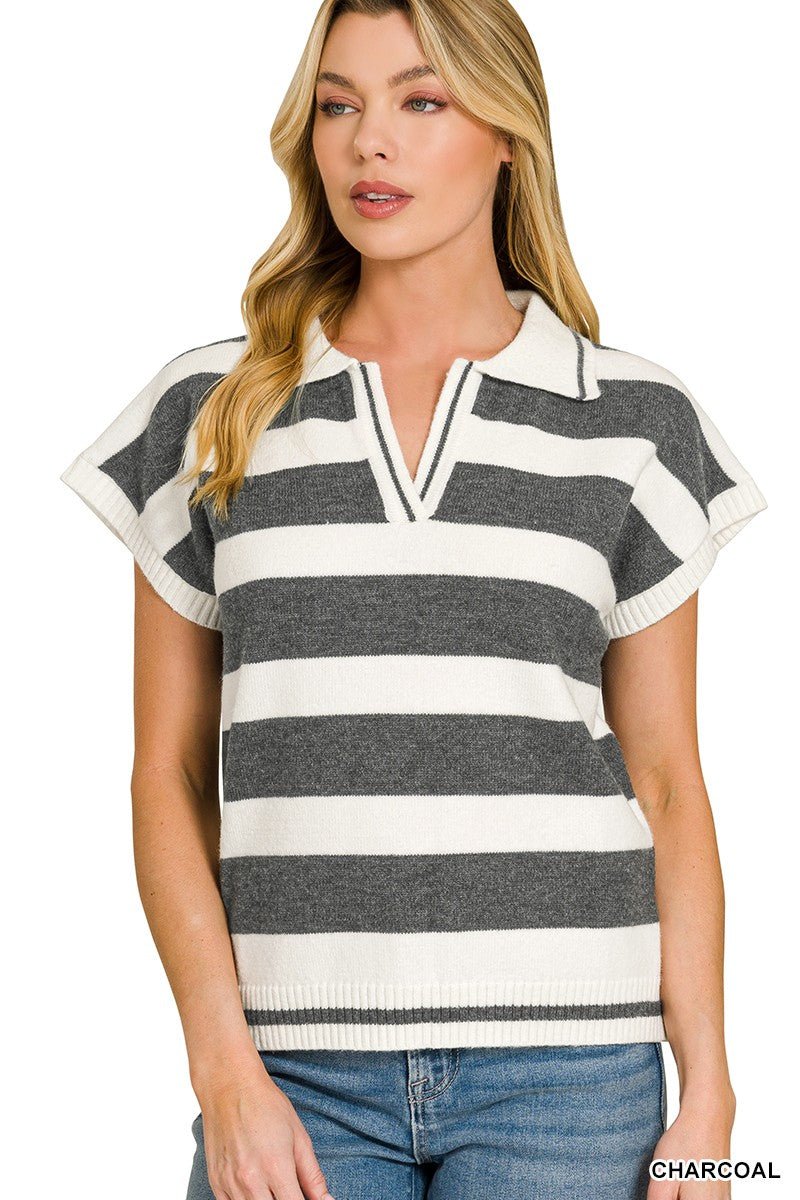 Zenana Striped Collared Short Sleeve Sweater - AMVIM