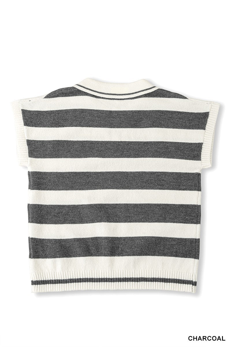 Zenana Striped Collared Short Sleeve Sweater - AMVIM